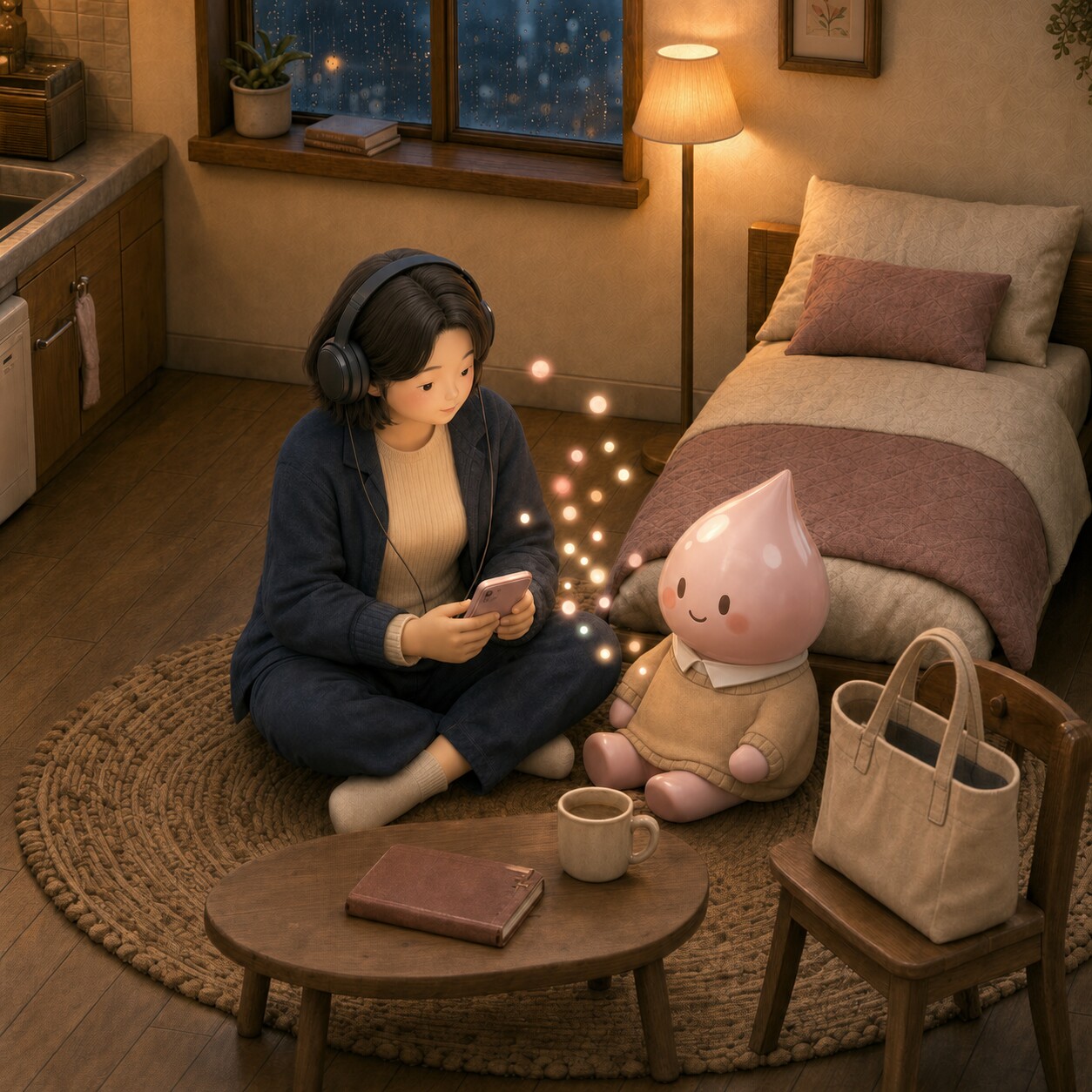 雨の夜、同じ部屋でヘッドホンをつけて週間音楽のギフトを聴く女性とソミ
